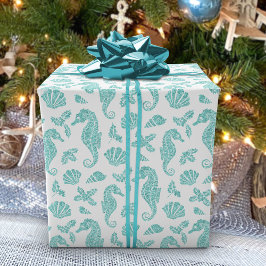 Strand Kerstmis Seahorse Glitter Aqua White Cadeaupapier