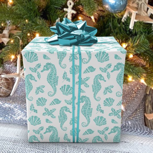 Strand Kerstmis Seahorse Glitter Aqua White Cadeaupapier