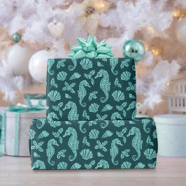 Strand Kerstmis Seahorse Glitter Blauwgroen Aqua Cadeaupapier