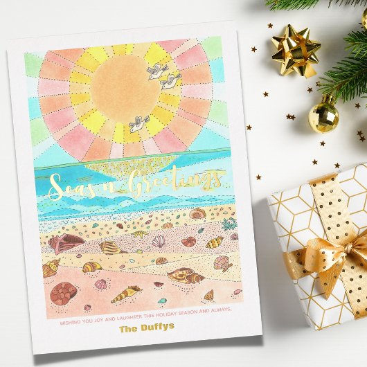 Strand Kerstmis Wensen Folie Feestdagenkaart
