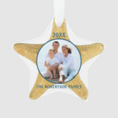 Strand Kerstmis Zeester Familie Foto Wit Blauw Ornament (voorkant)