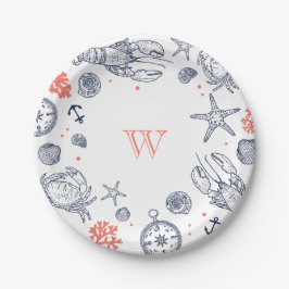 Strand Klassieke Nautische Marine Blauw/Koraal Cus Papieren Bordje