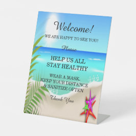 Strand Kleurrijke Zeester Bruiloft Veiligheid Reclamebord Met Voetstuk