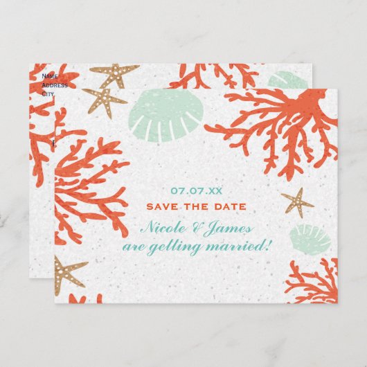 Strand Koraalrif Zeeschelp Zeester Bewaar De Datum Aankondigingskaart (Voorkant / Achterkant)