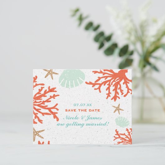 Strand Koraalrif Zeeschelp Zeester Bewaar De Datum Aankondigingskaart (Staand voorkant)