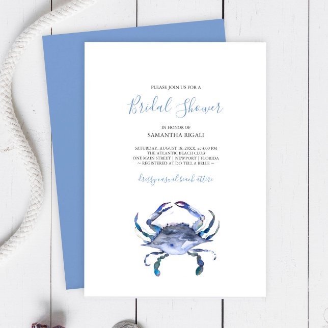 Strand Krab Bruidsfeest Uitnodigingen (Bridal shower invitations watercolor blue crab art by Victoria Grigaliunas )