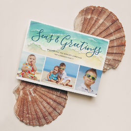 Strand Kust Blauw Drie Foto's Zee & Groeten Feestdagenkaart