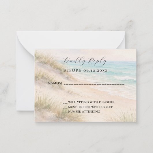 Strand kust bruiloft reactie RSVP Notitiekaartje (Voorkant)