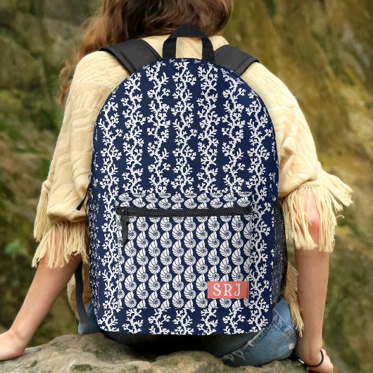 Strand Kust Marine Blauw Wit Koraal Shell Monogram Bedrukte Rugzak