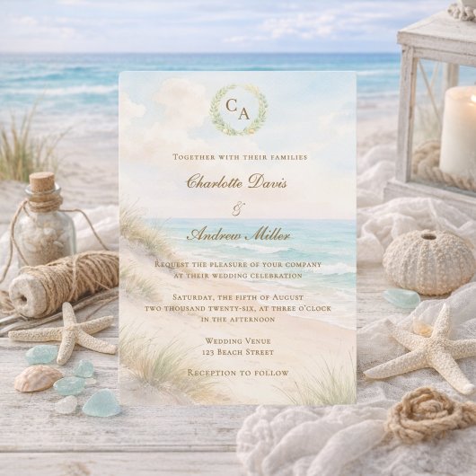 Strand kust monogram huwelijksfeest kaart