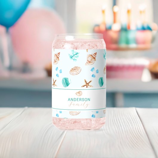 Strand kust schelpen familienaam op maat blikvorm glas (Insitu (Baby Shower))