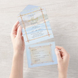 Strand kust snoeren lichten bruiloft RSVP MENU All In One Uitnodiging