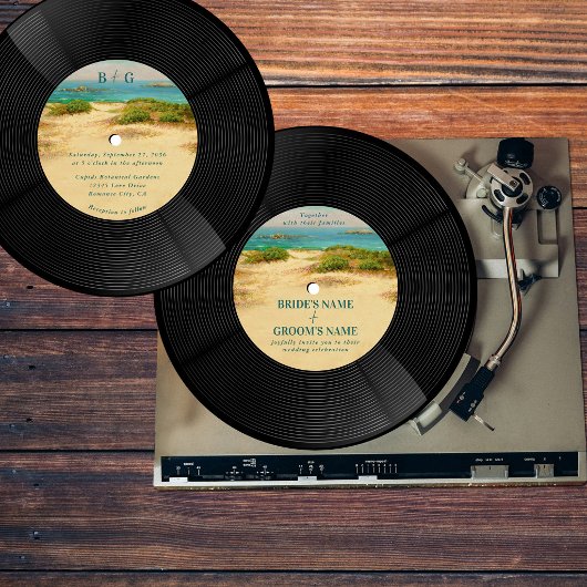 Strand kust vinyl muziekrecord bruiloft kaart