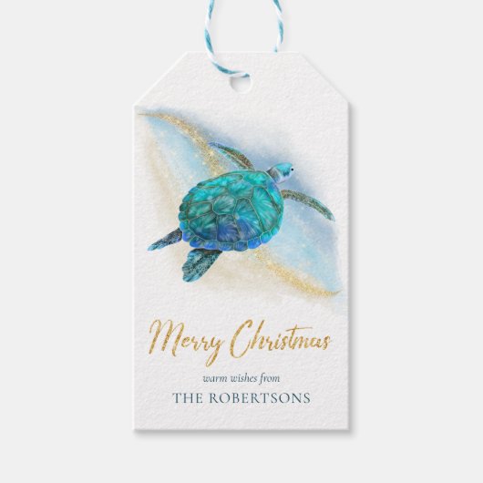 Strand Kust Zee Schildpad Vrolijk Kerstfeest Cadeaulabel (Voorkant)