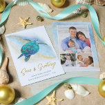 Strand Kust Zeeen n Groeten Zee Schildpad 3 Foto Feestdagenkaart<br><div class="desc">Deze kustthema kerstkaart heeft een waterverf turquoise blauwe zeeen schildpad op een abstracte strand achtergrond met een faux gouden glitter sparkly wave en gouden Zeeen & Groeten. Op de achterkant zijn 3 fotosjablonen om de kaarten eenvoudig te personaliseren met uw favoriete familiefoto's. Bekijk het collectie voor meer overeenkomende producten of...</div>