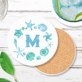 Strand Kustzeeschelpen en zeesterren Monogrammed Zandsteen Onderzetter