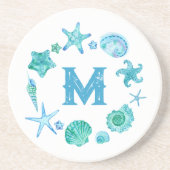 Strand Kustzeeschelpen en zeesterren Monogrammed Zandsteen Onderzetter (Voorkant)