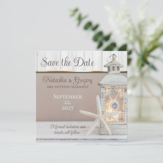 Strand Lantaarn Zeester Bruiloft Save the Date Kaart (Staand voorkant)