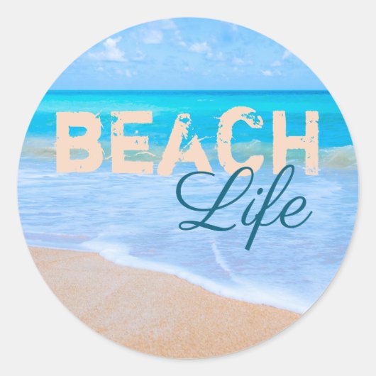 Strand leven. Blue Skies Tropical Paradise Aqua Ze Ronde Sticker (Voorkant)