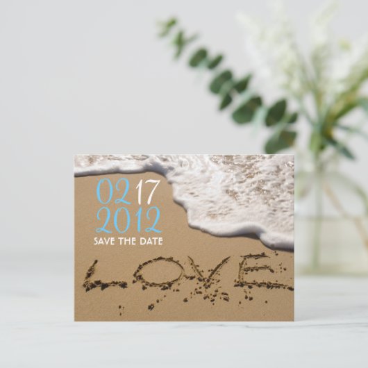 Strand "Liefde in het zand" Save the Date Aankondigingskaart (Staand voorkant)
