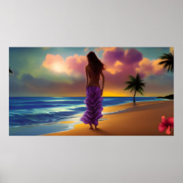 Strand maanlicht wandeling vrouw blauwe zee paarse poster