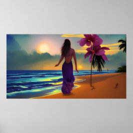 Strand maanlicht wandeling vrouw oceaan paarse pal poster