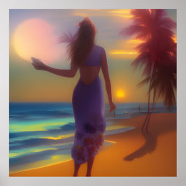 Strand maanlicht wandeling vrouw oceaan palmbomen  poster