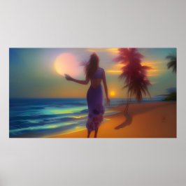 Strand maanlicht wandeling vrouw oceaan zand palme poster
