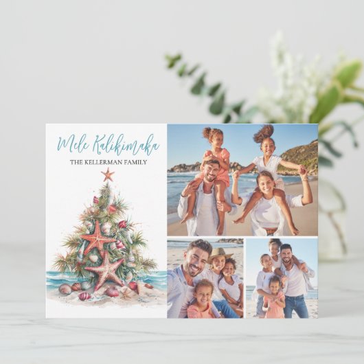 Strand Mele Kalikimaka Kerst Familie Foto Feestdagenkaart (Staand voorkant)