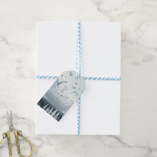 Strand menigte vredesduif foto cadeaulabel (Met Touw)