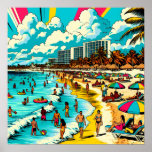 Strand met een Comic Book Pop Art Vibe Poster<br><div class="desc">Pop art comic book stijl strandachtige zomerkunst met een  vibes,  Art beeldt mensen die plezier hebben op de strandkust met hotels en appartementen gebouwen op de achtergrond,   palmbomen,  kleurrijke parasols en een prachtige blauw bewolkte lucht.</div>