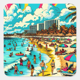 Strand met een Comic Book Pop Art Vibe Vierkante Sticker