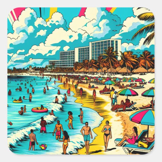 Strand met een Comic Book Pop Art Vibe Vierkante Sticker (Voorkant)