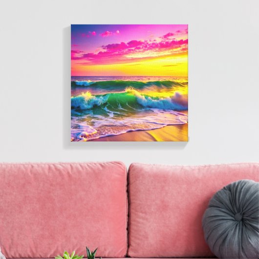 Strand met gele en roze oceaangolven canvas afdruk (Insitu (Woonkamer))