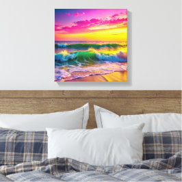 Strand met gele en roze oceaangolven canvas afdruk
