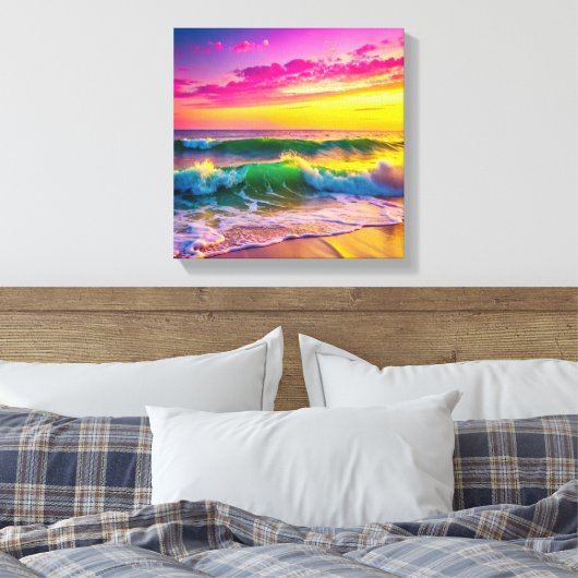 Strand met gele en roze oceaangolven canvas afdruk (Insitu (Slaapkamer))