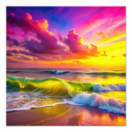 Strand met gele en roze oceaangolven foto afdruk