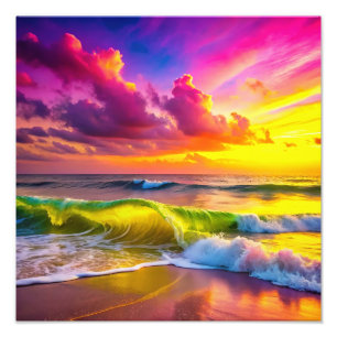 Strand met gele en roze oceaangolven foto afdruk