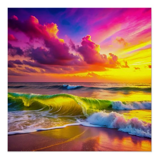 Strand met gele en roze oceaangolven perfect poster (Voorkant)