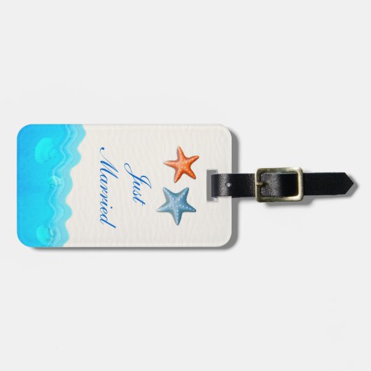 Strand met zeesterren bruiloft net getrouwd bagagelabel (Voorkant horizontaal)