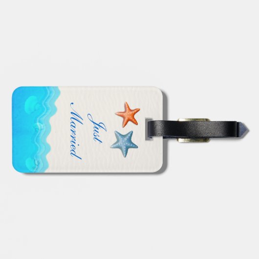 Strand met zeesterren bruiloft net getrouwd bagagelabel (Achterkant horizontaal)