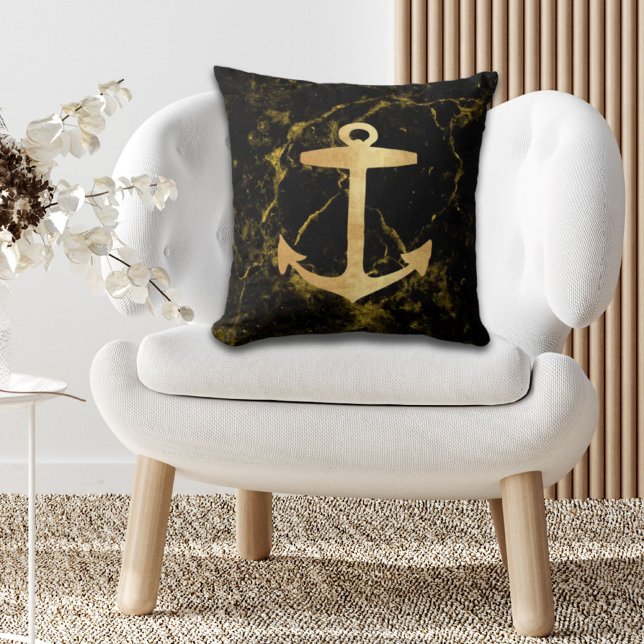 Strand minimalistische chique gouden anker zwart m kussen (beach minimalist chic gold anchor black marble throw pillow)