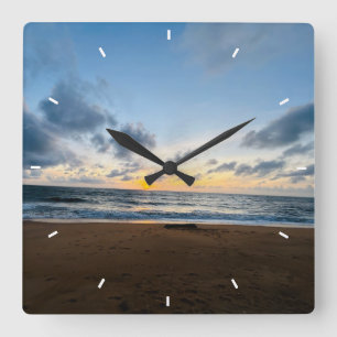 Strand Muurklok Oceaan Zonsondergang Foto Decorati Vierkante Klok