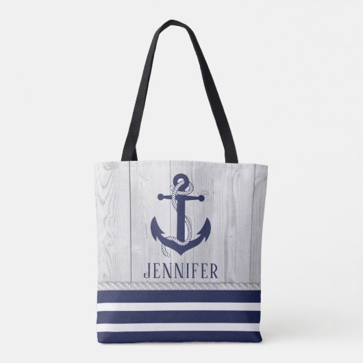 Strand Nautisch Anker Monogram Marine wit Tote Bag (Achterkant)