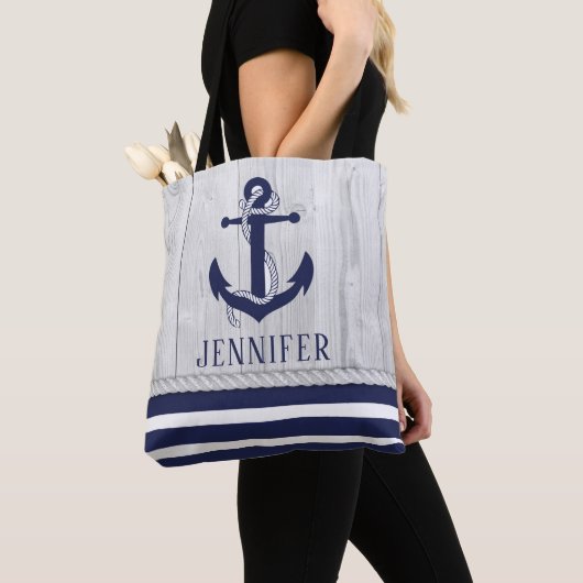 Strand Nautisch Anker Monogram Marine wit Tote Bag (Dichtbij)