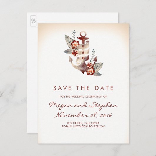 Strand - Nautisch Bloemenanker Save the Date Aankondigingskaart (Voorkant / Achterkant)