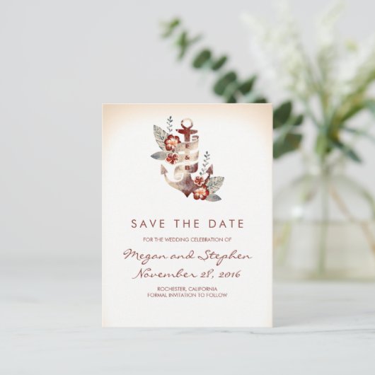 Strand - Nautisch Bloemenanker Save the Date Aankondigingskaart (Staand voorkant)