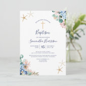 Strand Nautische Bloemen Baby Meisje Dopen Kaart (Staand voorkant)