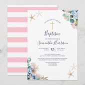 Strand Nautische Bloemen Baby Meisje Dopen Kaart (Voorkant / Achterkant)