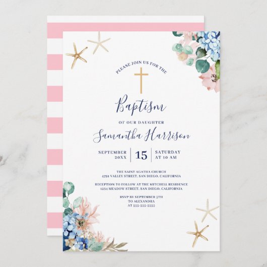 Strand Nautische Bloemen Baby Meisje Dopen Kaart (Voorkant / Achterkant)